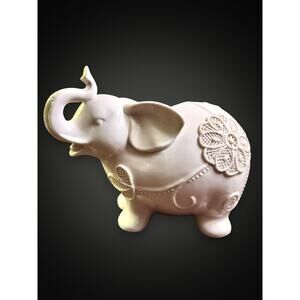 Vintage White Ceramic Elephant Figurine Lace Medallion Design 11 Inch EUC
